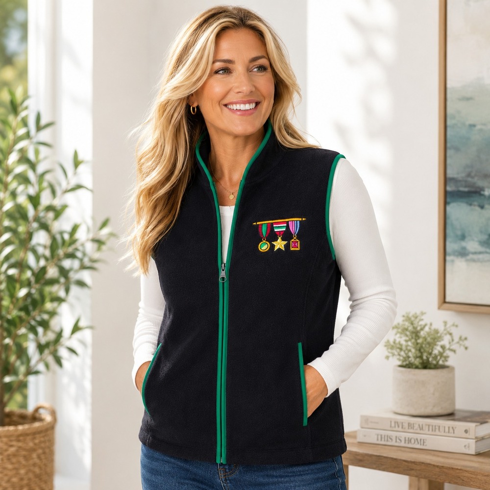 New Bob Mackie Wearable Art Fleece Vest Black Green Embroidered Medals Large